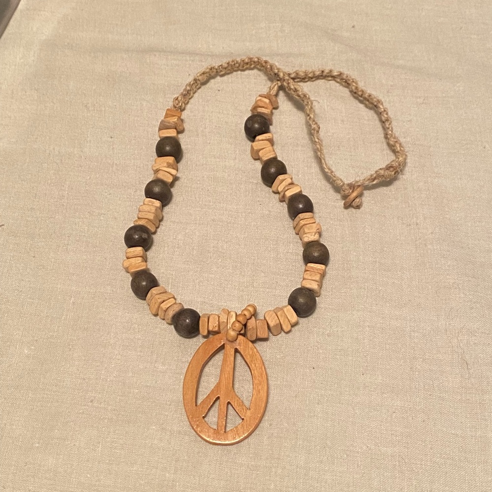 Handmade real wood & hemp string necklace. Peace sign wooden pendant. Unisex.